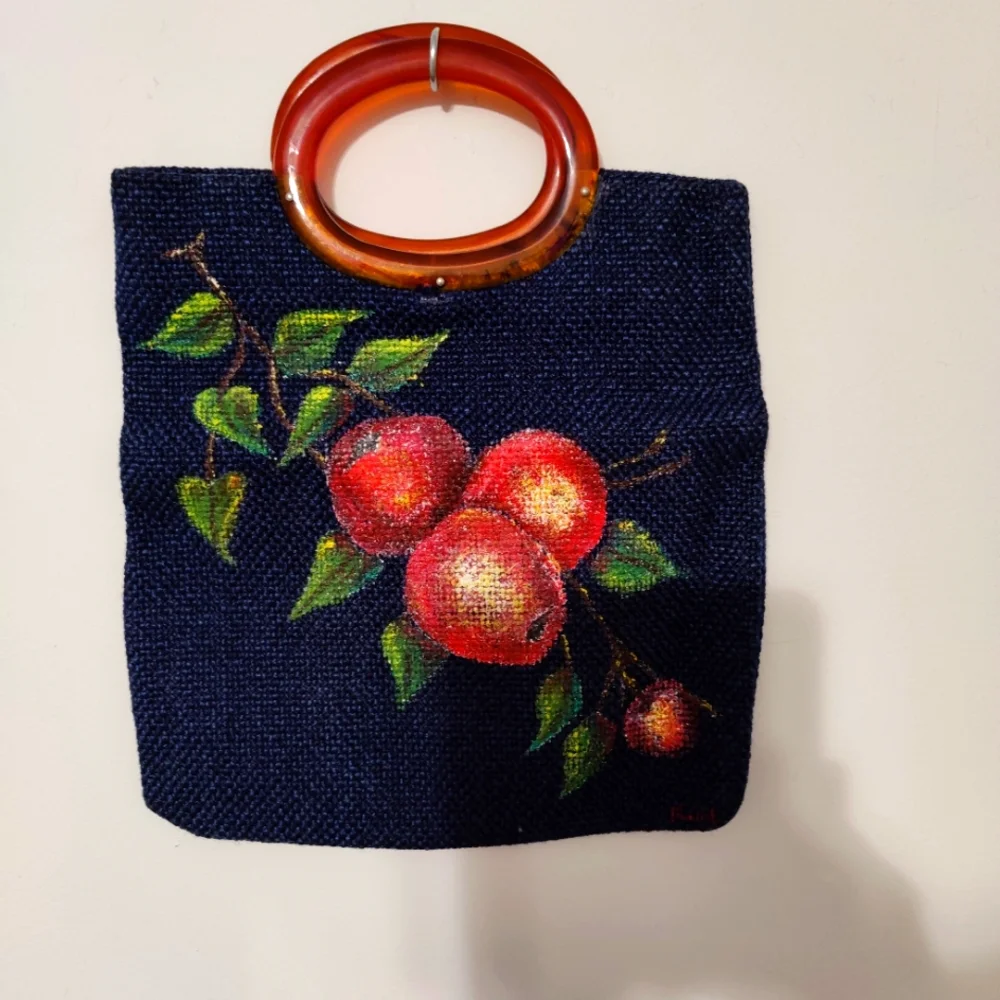 70s artisan craft purse lucite handles hand painted apples teacher lunch tote - Picture 1 of 5